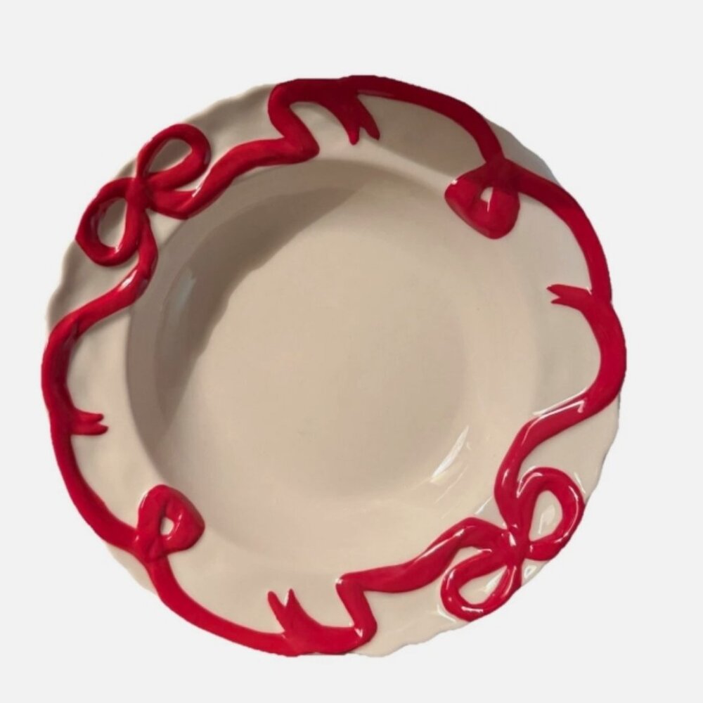 Set of 3 Anthropologie Benedita Pasta Bowls Red Bows - New with Tags